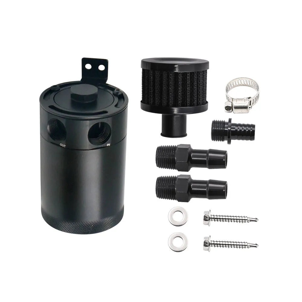 Black automotive aluminium oil pot with two-hole design and optional drain valve for workshop use