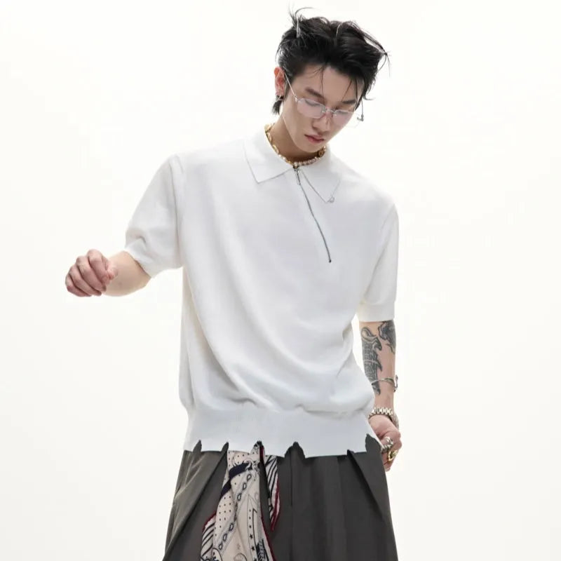 Men's slim-fit knitted polo shirt with oblique zipper and lapel collar in black, white or grey colours