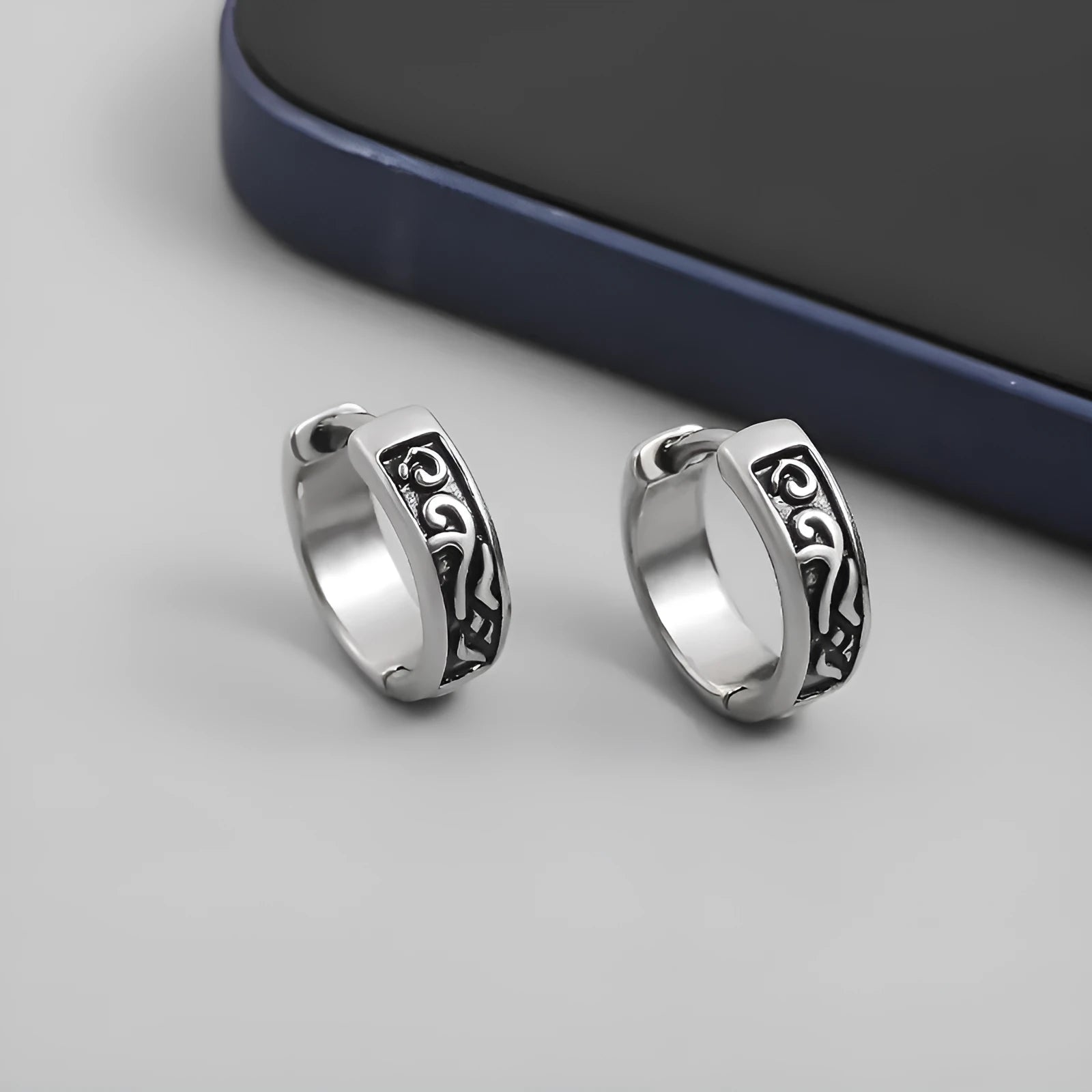 Men's copper geometric hip hop earrings in 10mm and 14mm sizes showing single and pair options