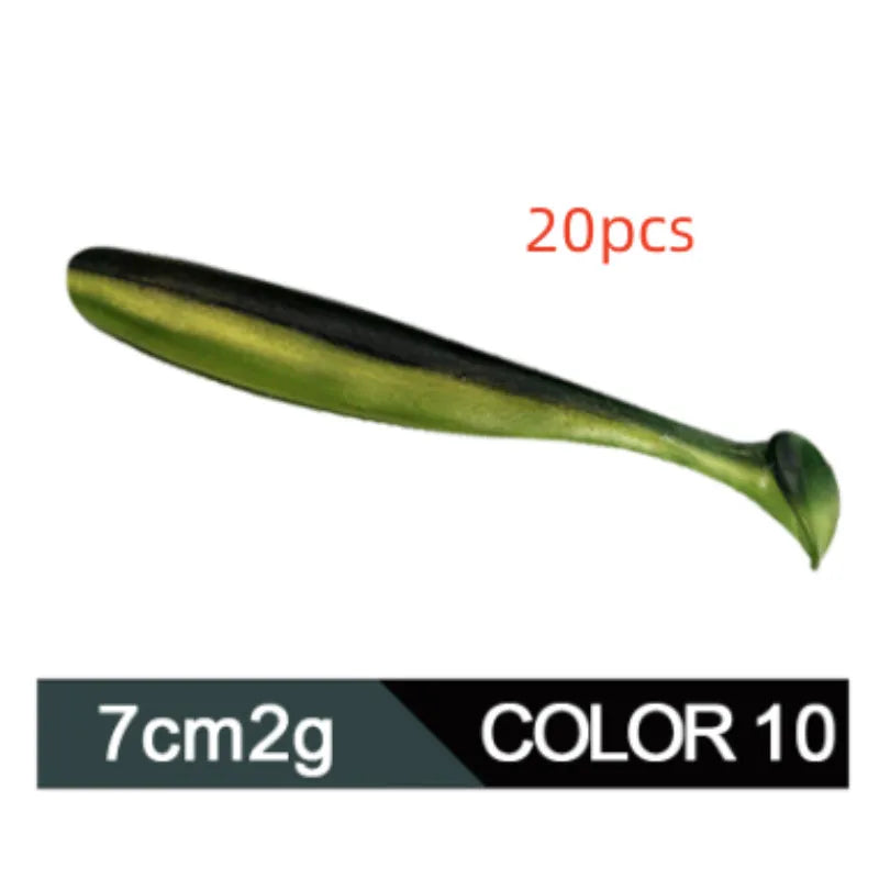 A 7cm long, two-tone T-tail soft worm fishing lure for mandarin fish and topmouth culter.