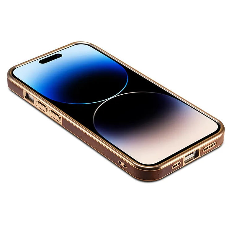 Handmade slim leather protective case for iPhone in black, shown fitted on a phone.