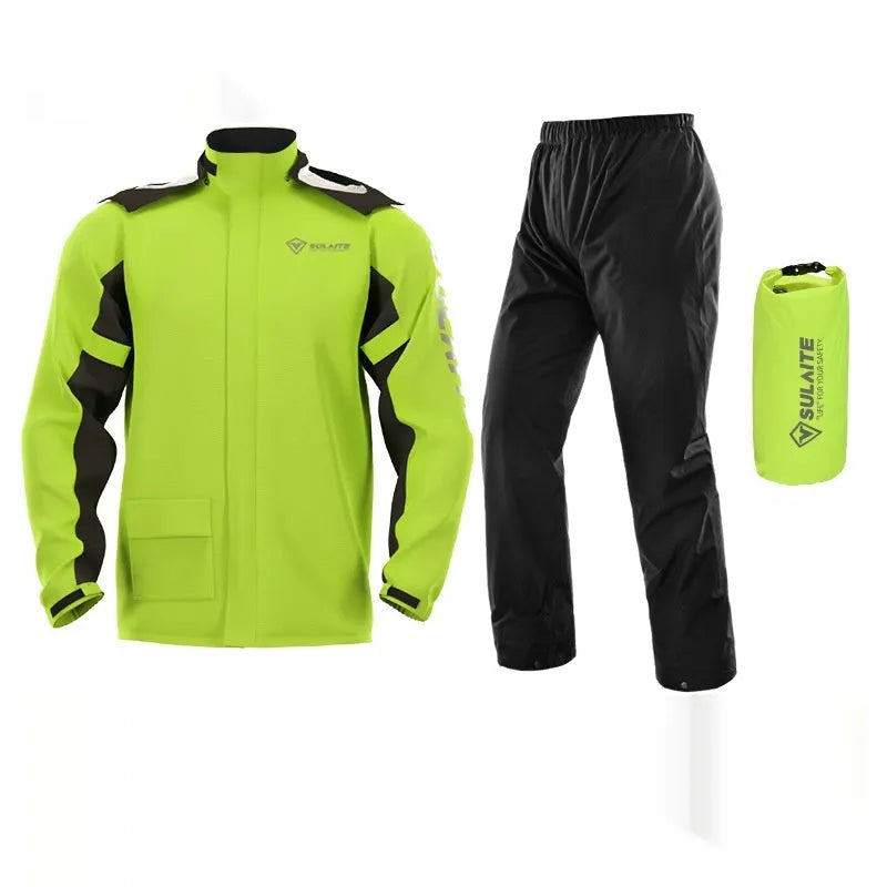 Motorcycle rain suit set showing split raincoat, rain pants, hidden shoe covers, and storage bag.