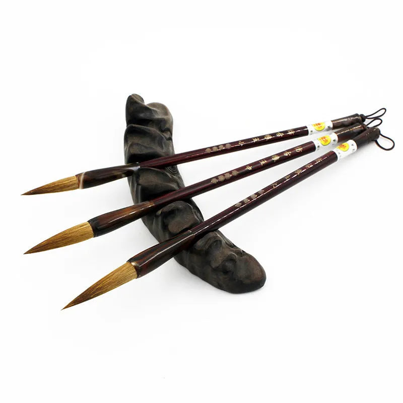 Wolf Hao Longfeng traditional Chinese brush set with wolf hair nibs and steel handles in large, medium, and small sizes.