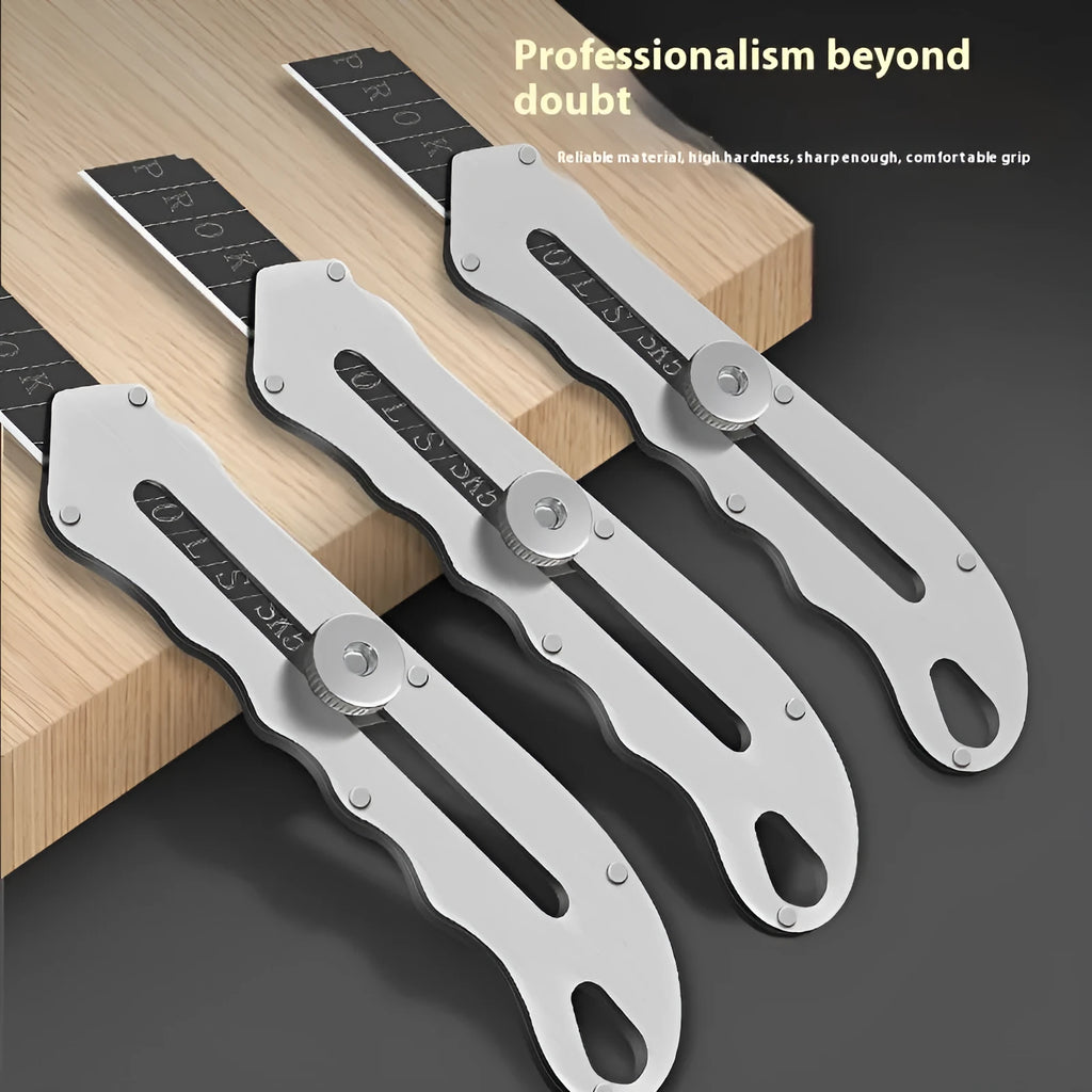 Stainless steel folding art knife with black blade and a pack of long and trapezoidal blades