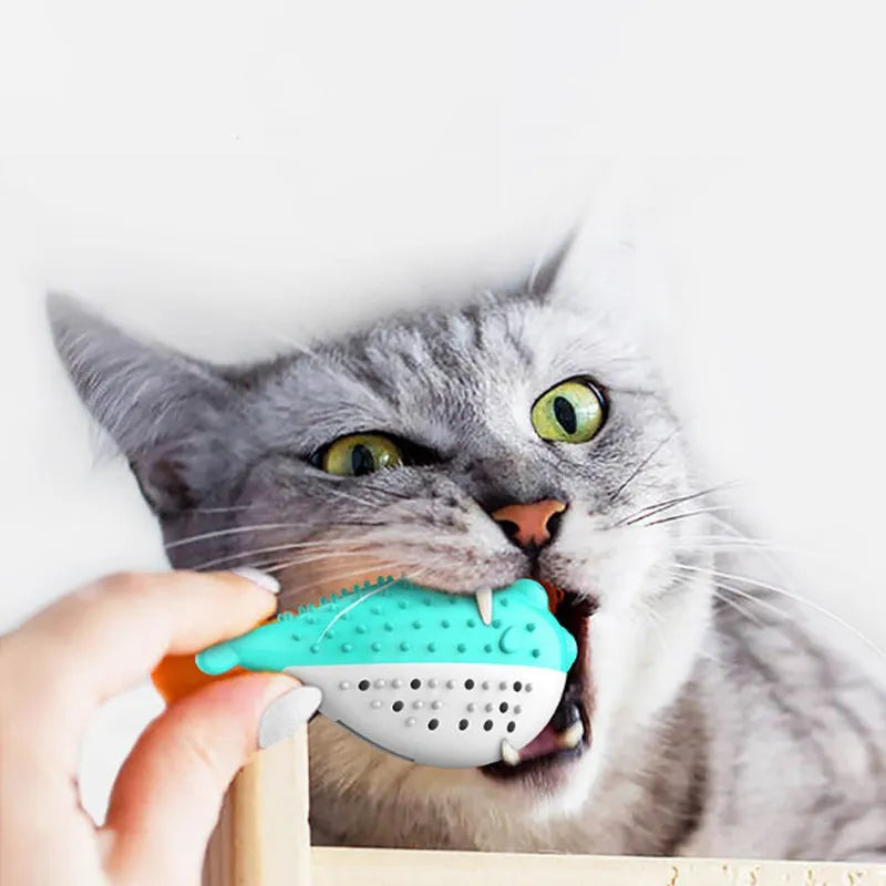 Blue silicone fish-shaped cat chew toy measuring 12.2cm long with textured surface