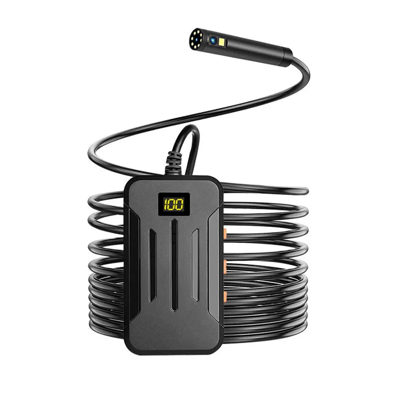 Wireless dual lens endoscope with 5.5mm and 8mm probe options showing hook and magnet accessories