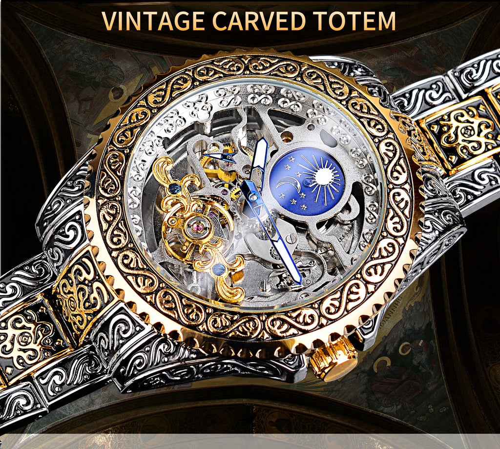 Yellow Forsining skeleton tourbillon mechanical watch with stainless steel case and band