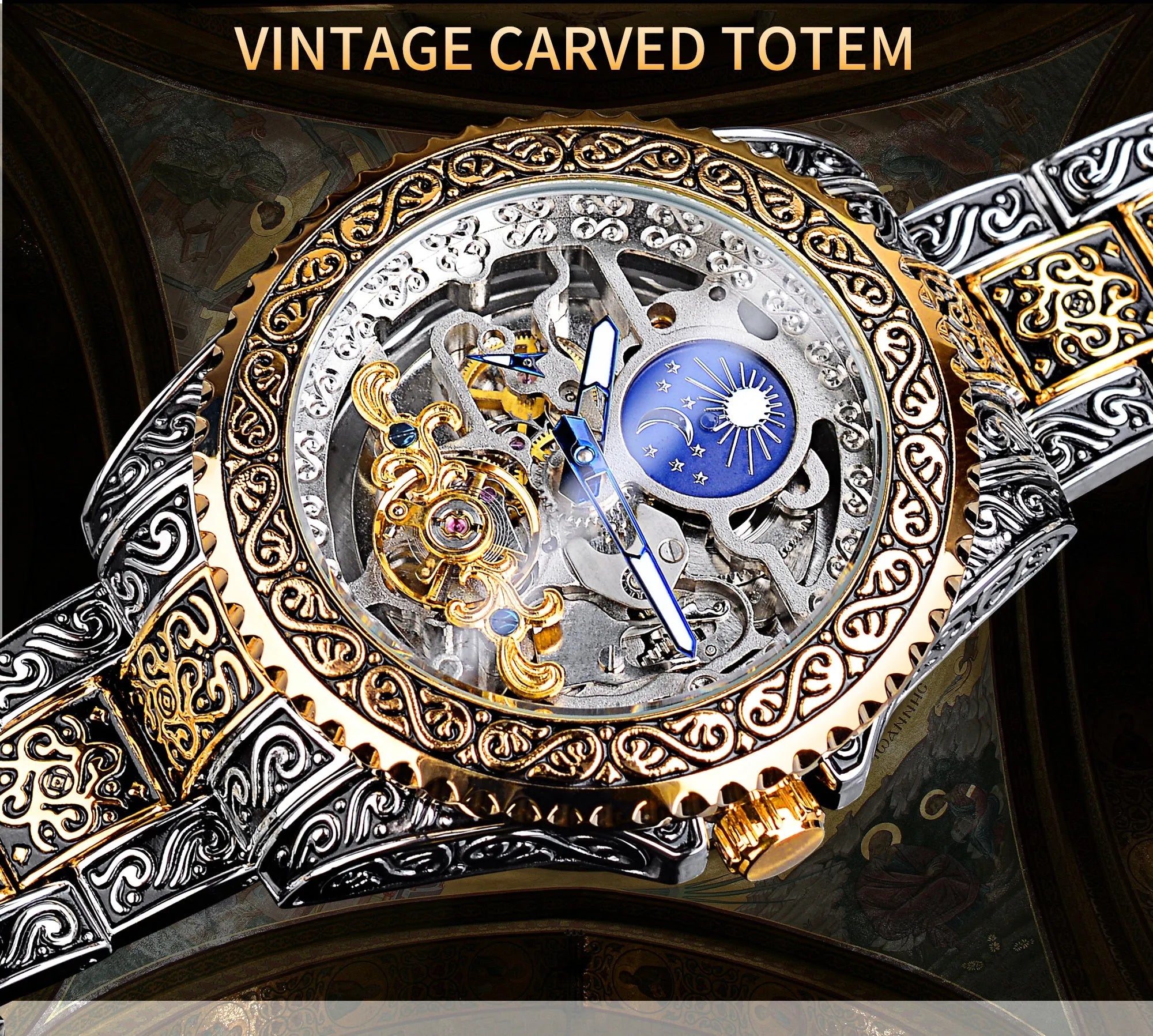 Yellow Forsining skeleton tourbillon mechanical watch with stainless steel case and band