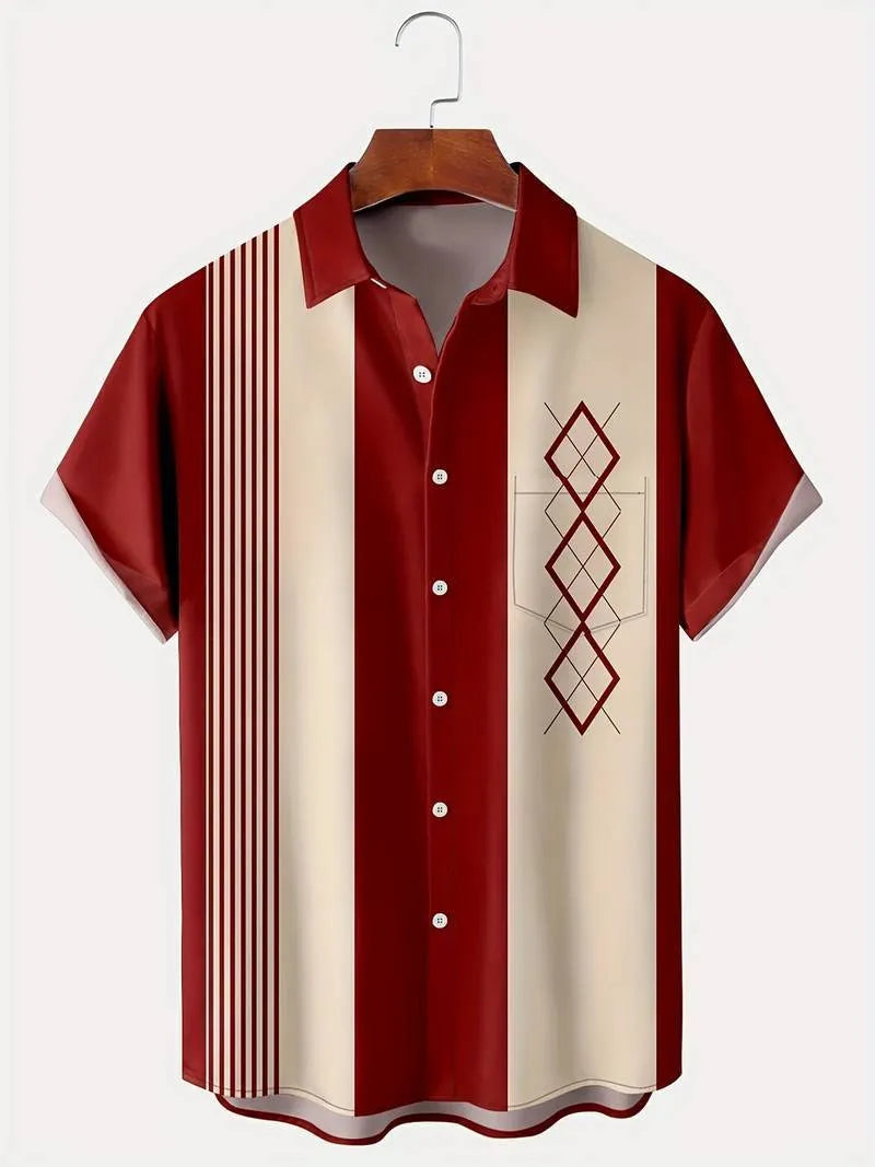 Man wearing a loose-fit plaid short-sleeved cardigan shirt with a lapel collar.