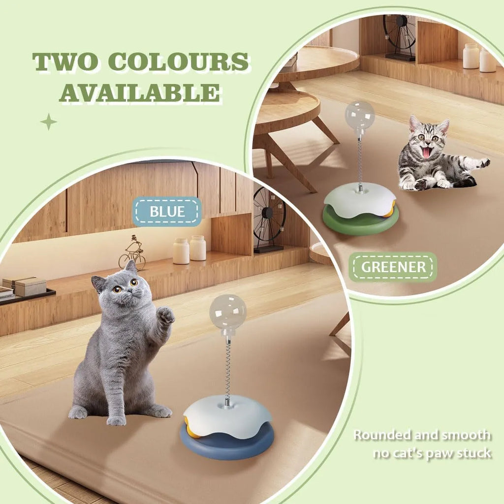 Blue and green options of a round plastic cat treat dispenser toy with a track ball, shown dismantled.
