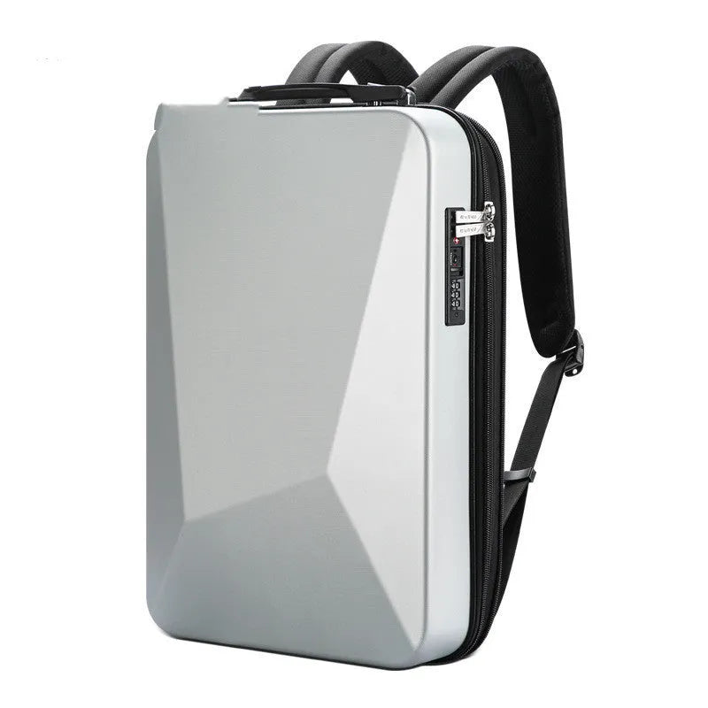 Hard shell PC gaming backpack in titanium gold or black with laptop compartment and shoulder straps