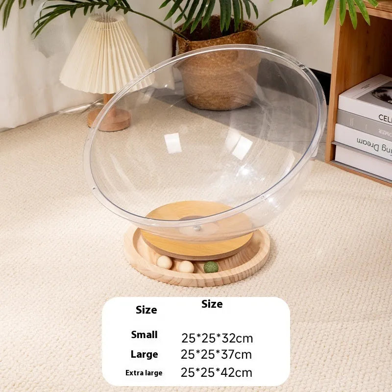 Transparent acrylic space capsule bathtub cat bed on a white background
