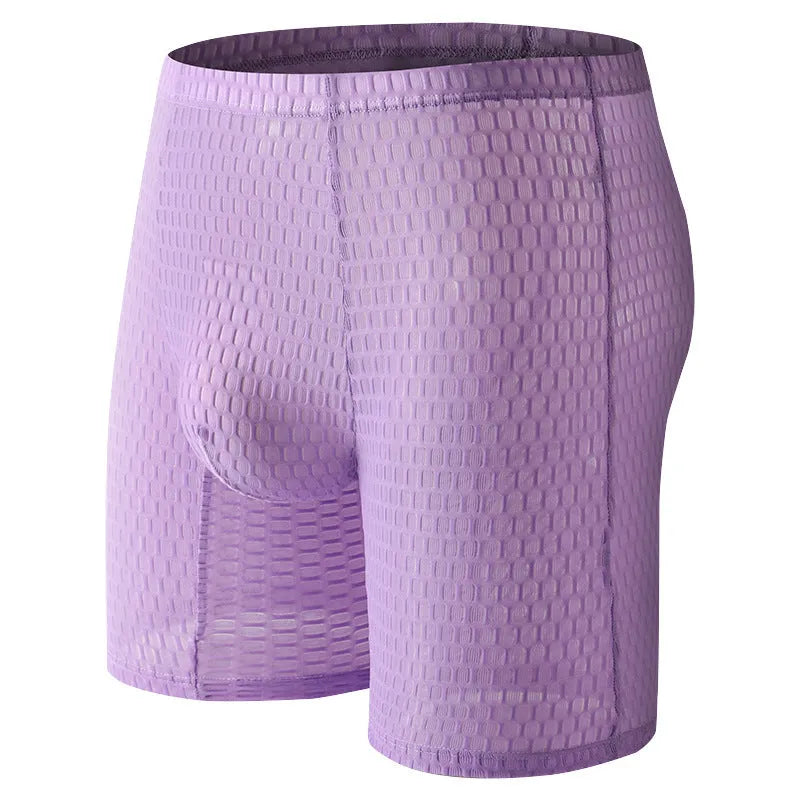 Men's solid colour lace boxer briefs with a lengthened hip-lifting design on a white background.