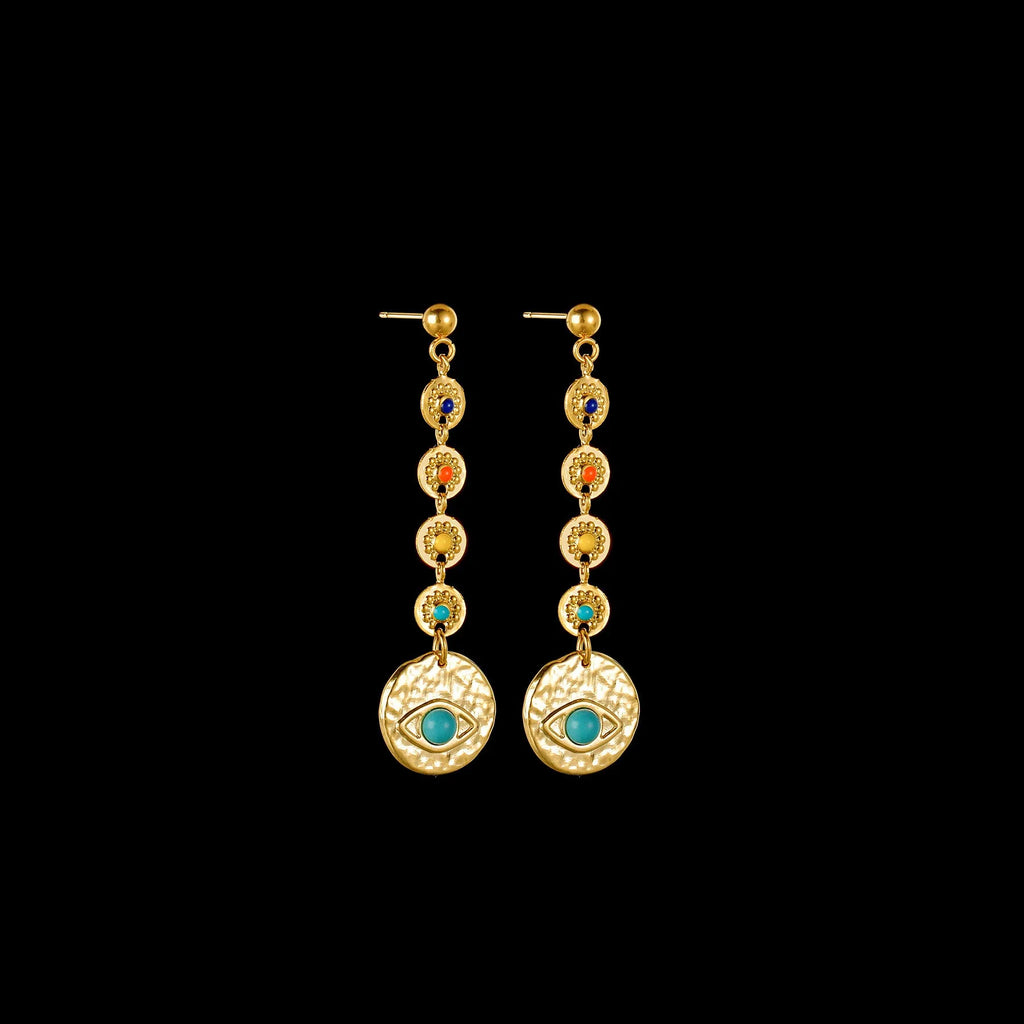 Three pairs of geometric stainless steel stud earrings showing star, eye, and sun designs