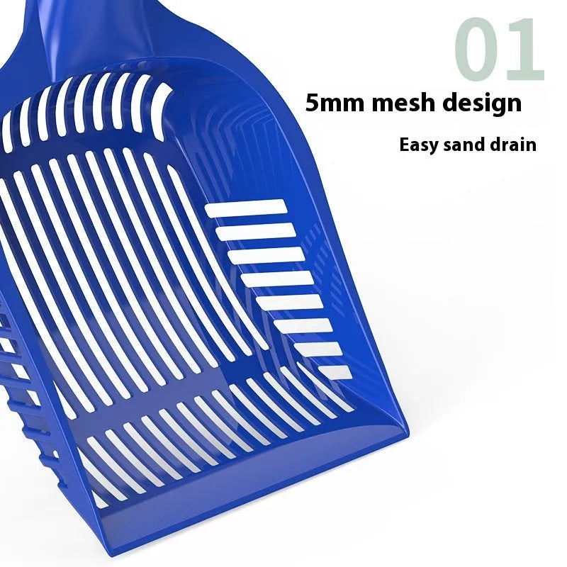 Plastic cat litter scoop with ergonomic handle in red, yellow, or blue colour options