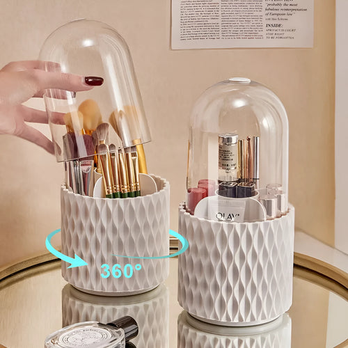 White acrylic rotating makeup brush storage box with transparent dust cover open