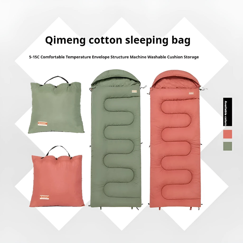 Cotton camping sleeping bag quilt shown in ochre and olive green colour options