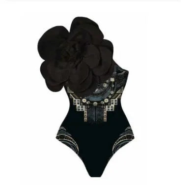 Women's one-piece swimsuit with three-dimensional floral embroidery in polyester fabric