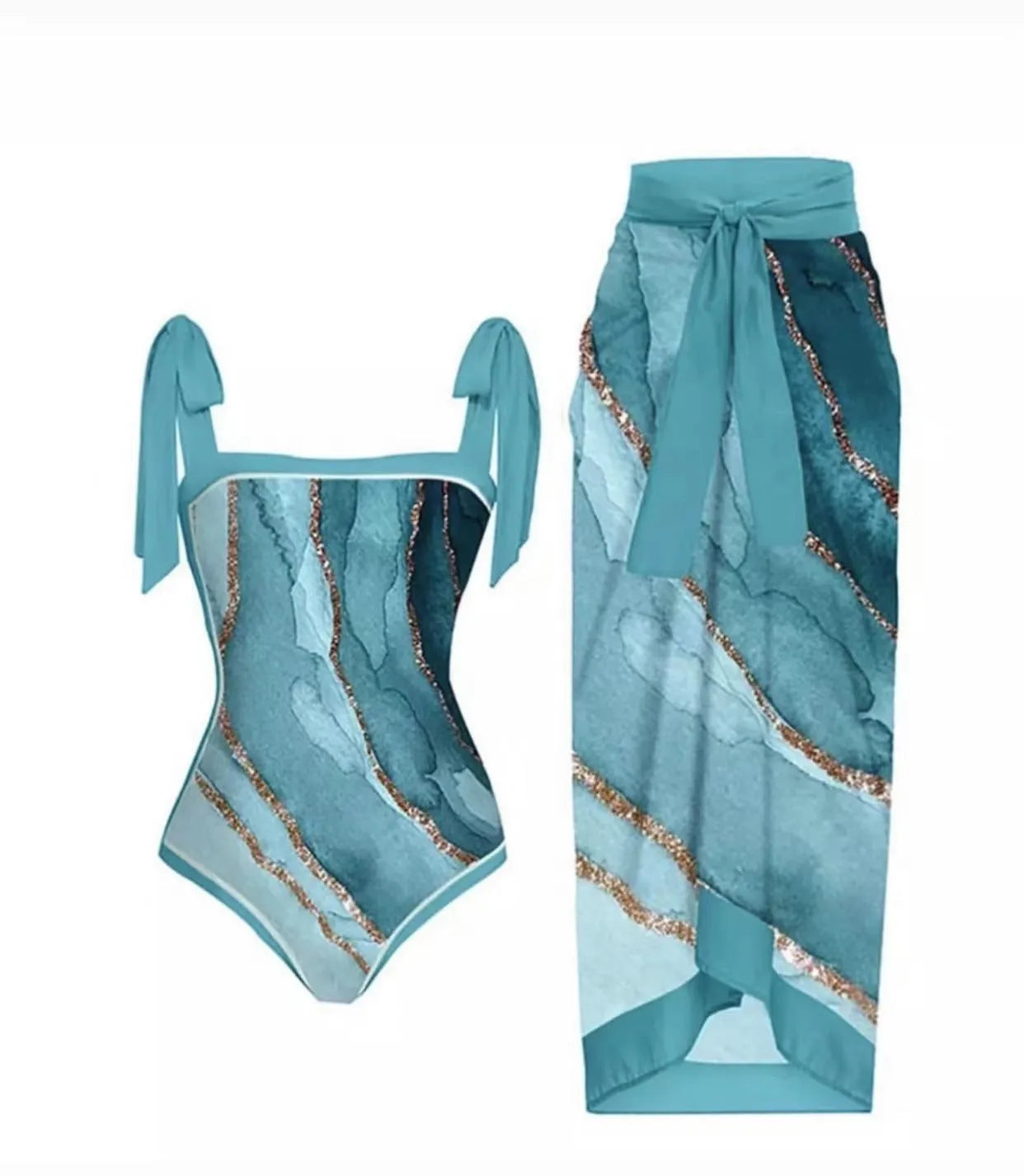 Women's retro floral one-piece swimsuit with chiffon skirt in yellow and black feather patterns