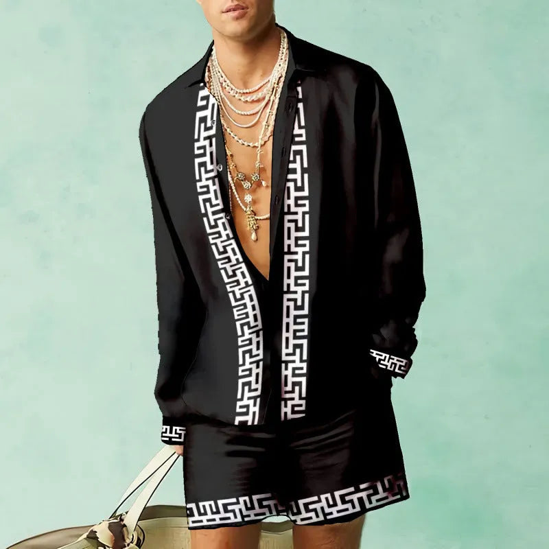Men's blue polyester summer casual suit set featuring a long-sleeve shirt and matching shorts on a hanger.