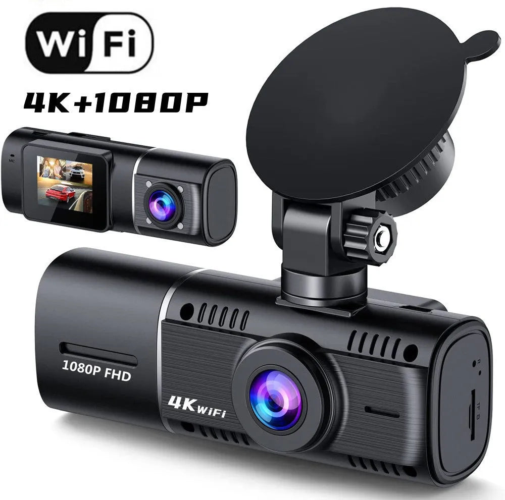 Black dual channel dash cam on a car windscreen with a 1.5-inch screen, showing front and rear camera views.