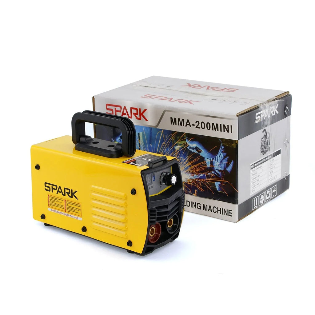 MMA-200MIN DC inverter welding machine with welding tongs, grounding clamp, and face shield