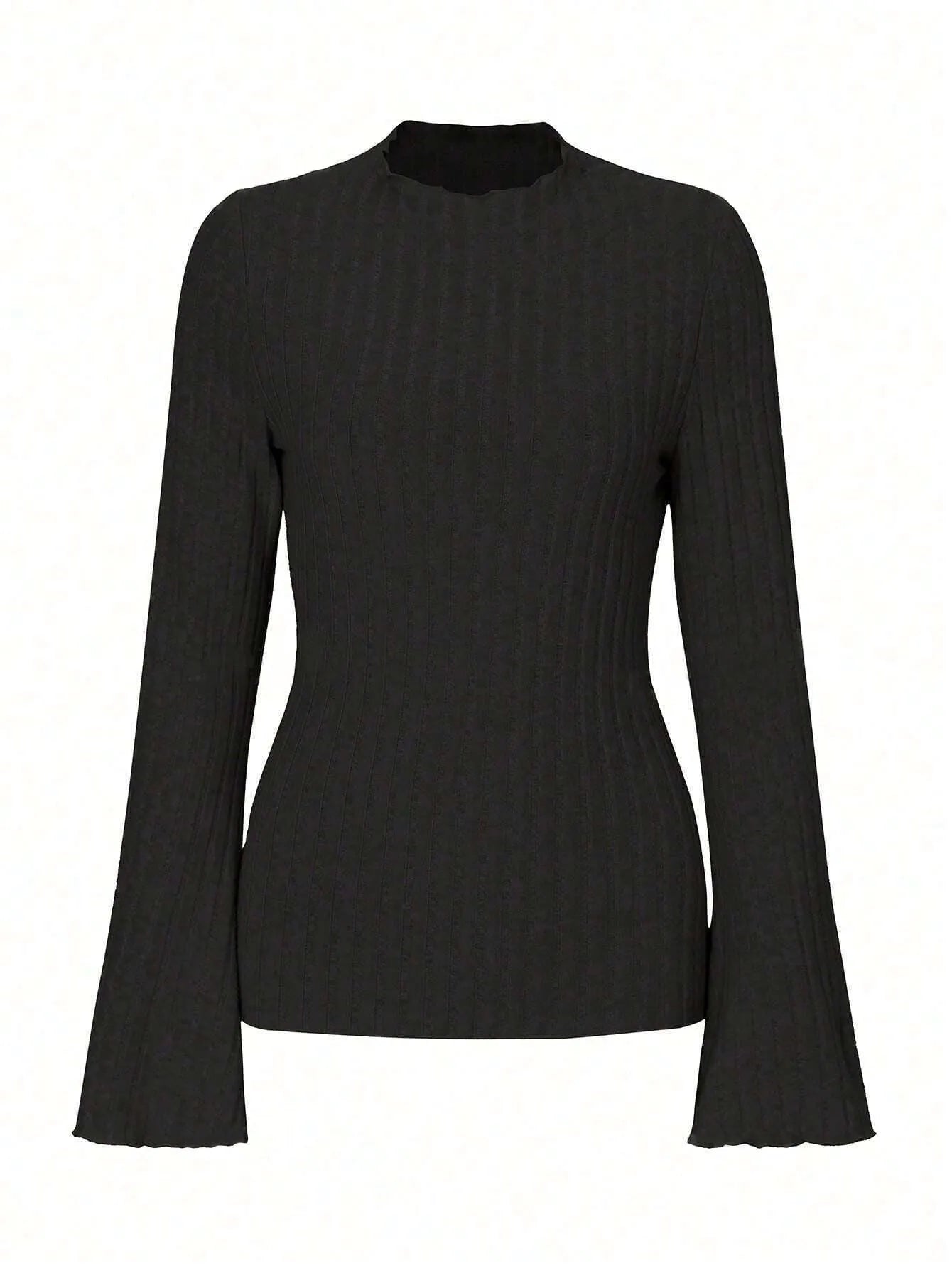 Black long sleeve round neck top with lantern sleeves and slim fit silhouette