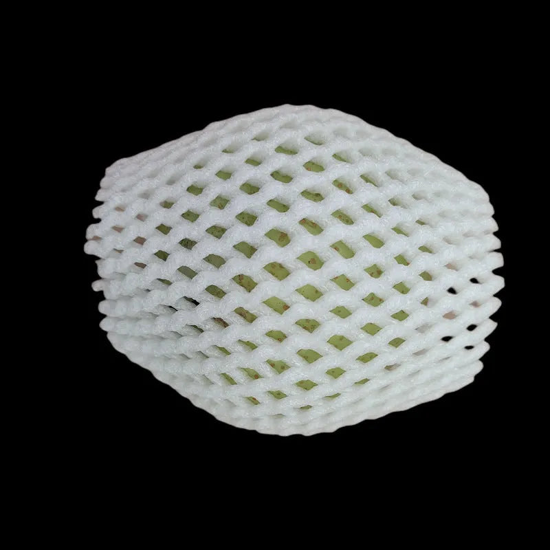 White foam shockproof protective net cover for fruit, shown in various sizes.