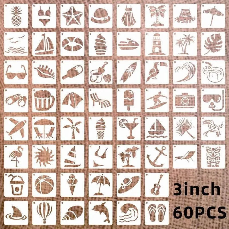 700 PET film hollow spray painting templates in seven 2-inch designs including floral, animal, ocean, and letter patterns