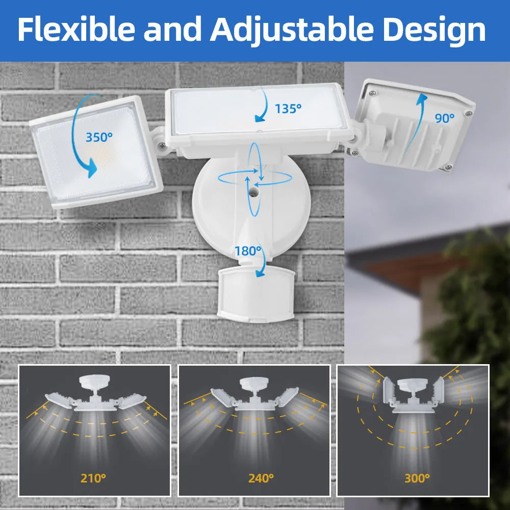 White or black LED security flood light with motion sensor for outdoor installation