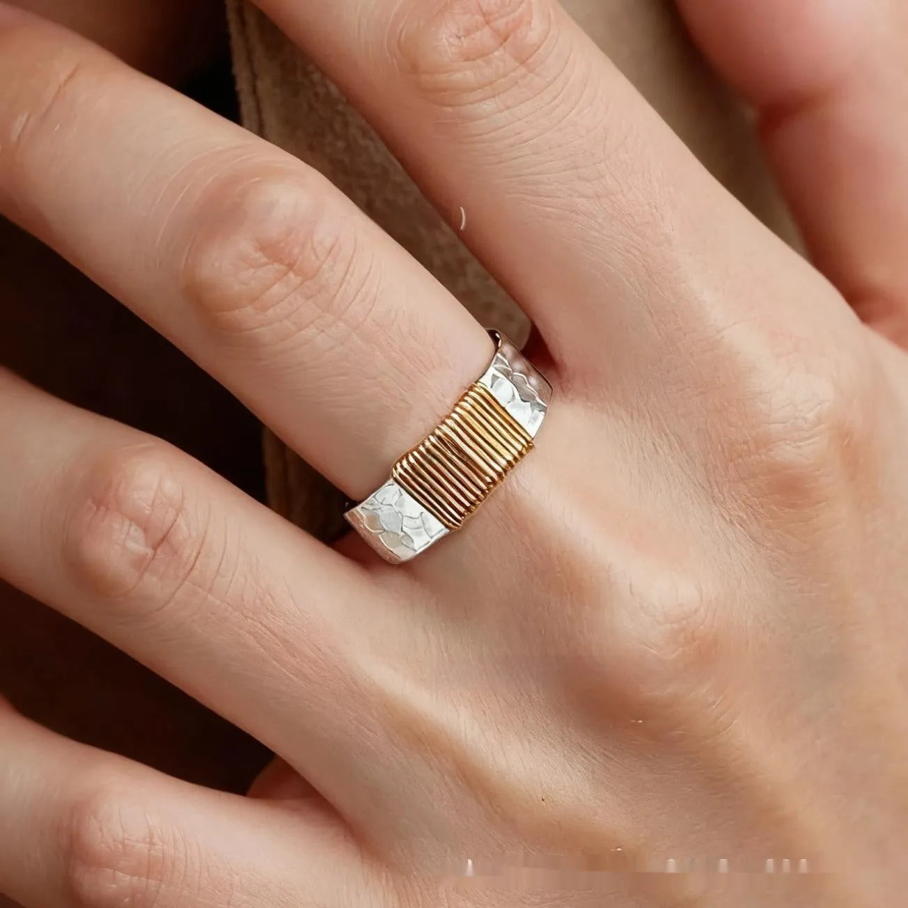 Geometric copper ring bracelet with irregular coil design in silver gold finish