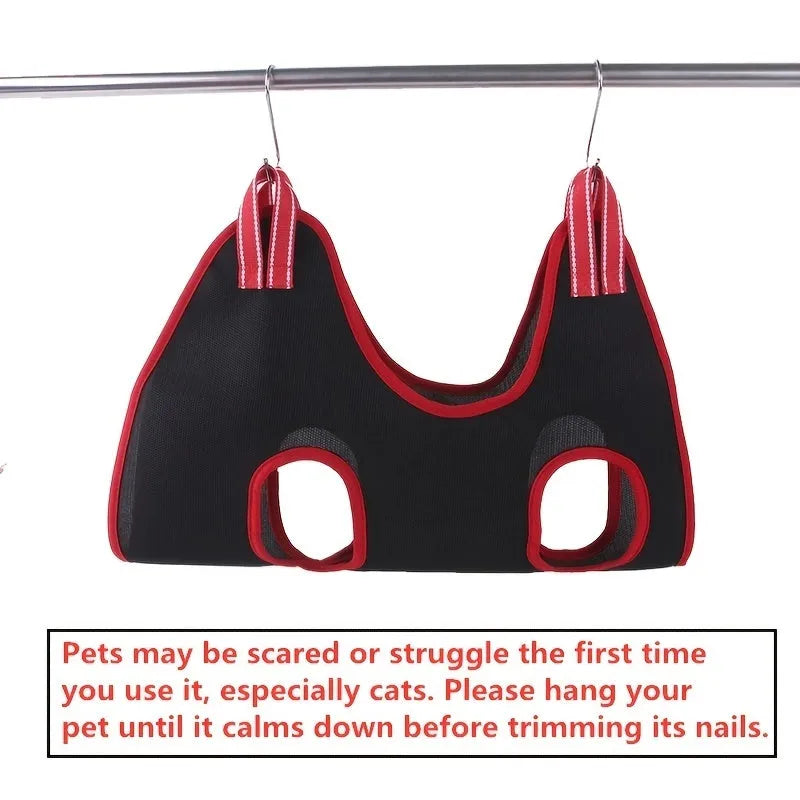 Hanging mesh pet grooming restraint bag for cat and dog nail trimming and bath time.