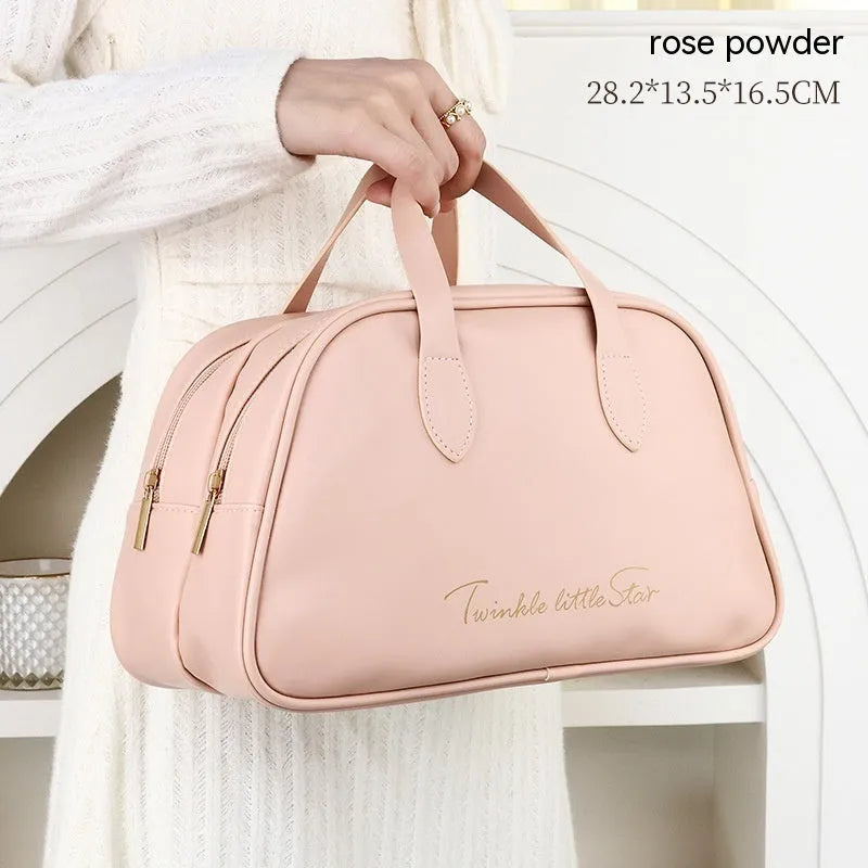 Leather travel toiletry bag in caramel mocha colour with large capacity and dry-wet separation compartments.