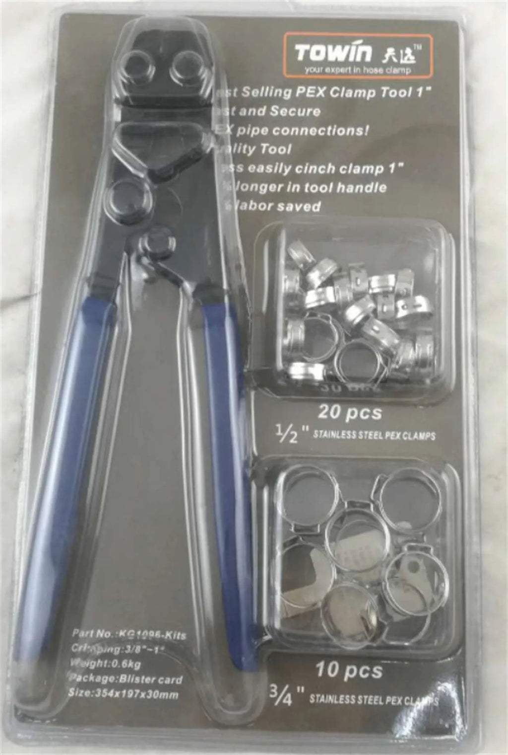 Red cloth pouch containing metal PEX clamp tool with single ear mechanism and carbon steel cutting edge