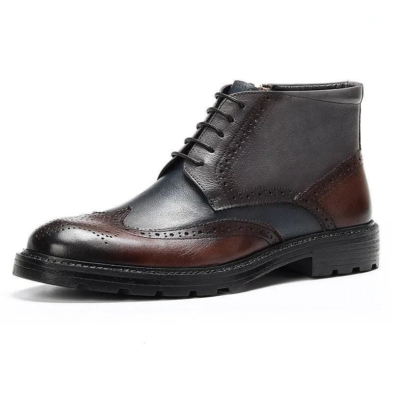 Mens curry blue leather brogue boots with colour blocking and carved design on a low square heel.