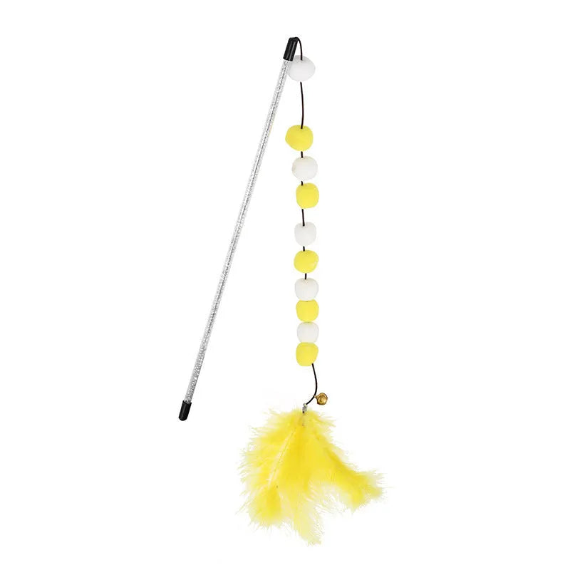 Grey, yellow and blue cat teaser rod with feathers, bell and acrylic pompons
