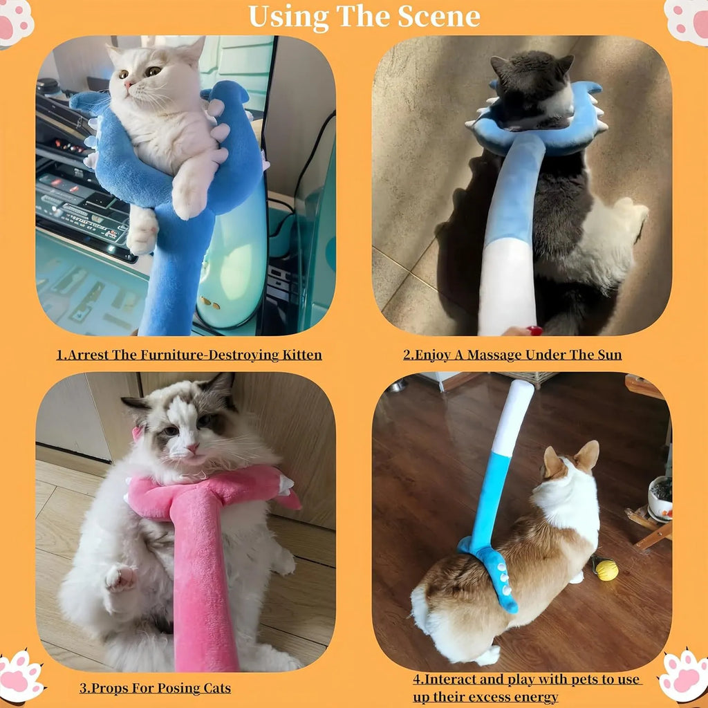 70cm blue plush cat wand toy with foam-filled head for indoor cat play