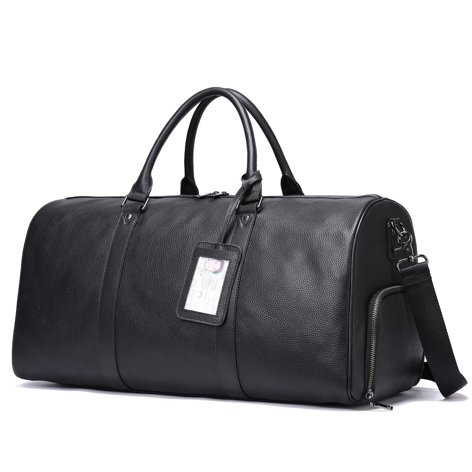 Men's black and coffee brown cowhide leather tote bag showing 44cm and 55cm size options.