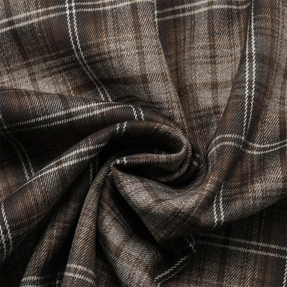 Men's black and brown plaid short sleeve shirt with embroidered lapel detail
