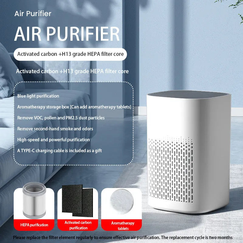 Simple style desktop air purifier with USB cable on a wooden desk
