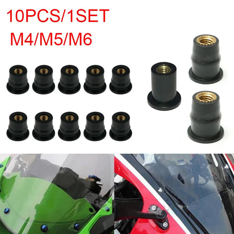 Black motorcycle windshield rubber well nut fasteners with brass threads in M4 M5 M6 sizes, kit of 10 pieces.
