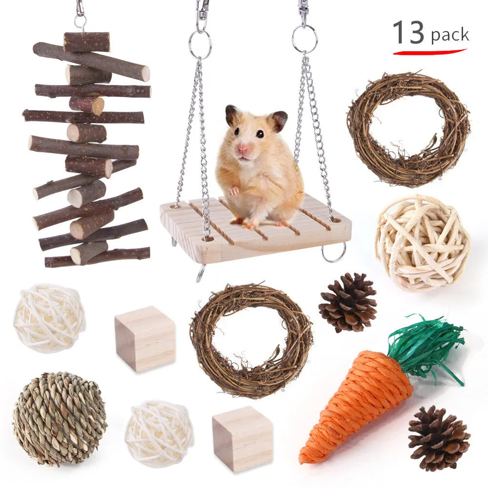 Wooden pet toy set with chewable pieces for rabbits, guinea pigs and parrots