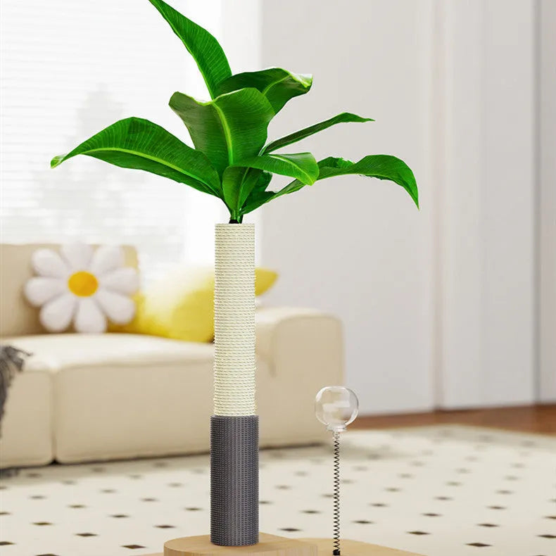 Wooden vertical cat scratching post with canna grab column and food drop ball