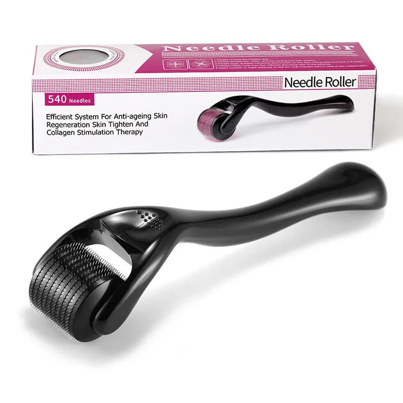 Black and purple derma rollers with titanium needles showing different needle length settings from 0.2mm to 1mm