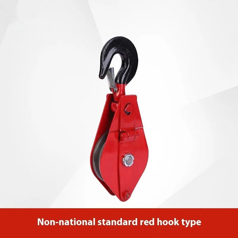 Red forged steel lifting pulley with a ring hook and safety latch for industrial general lifting applications.