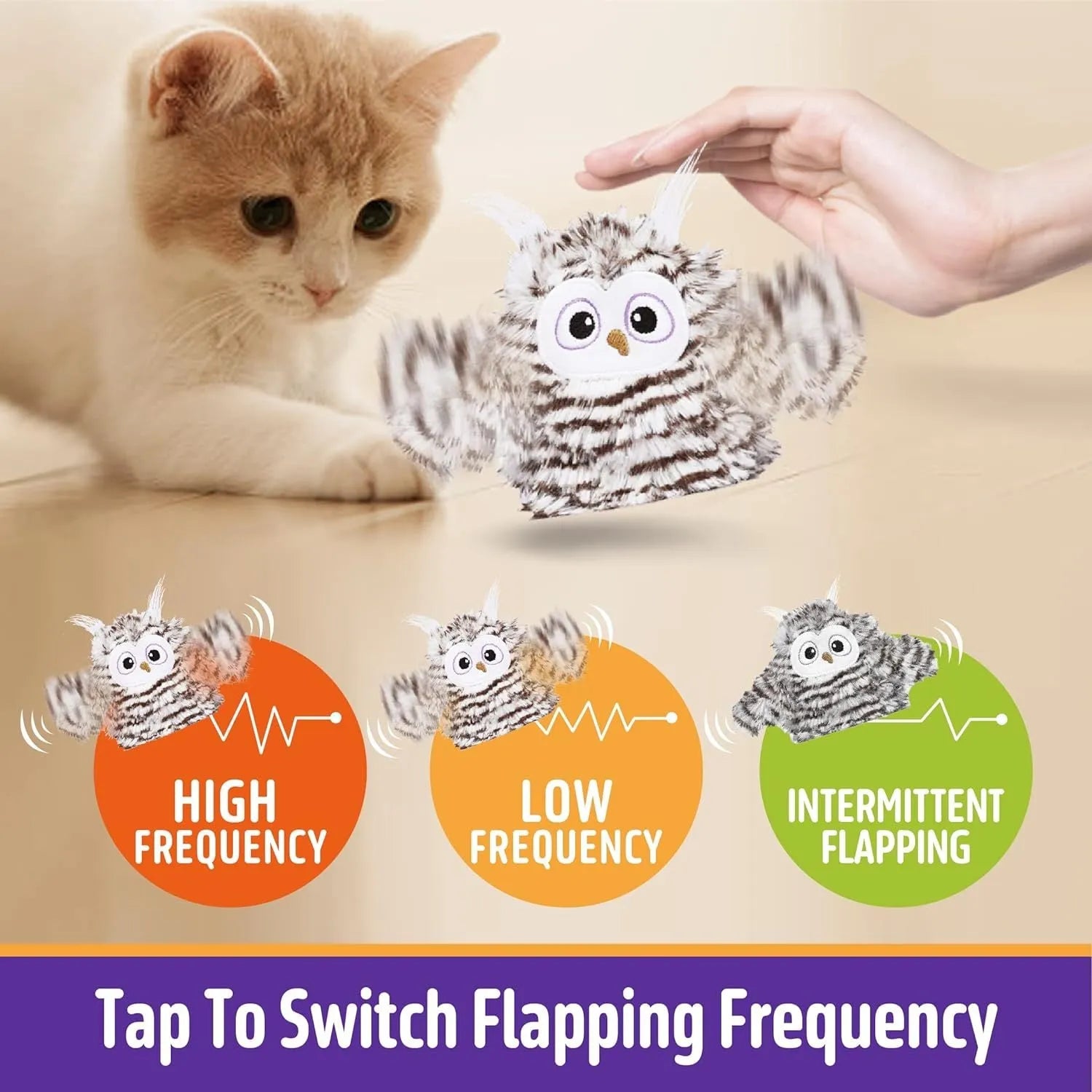 Grey automatic chirping owl cat toy with beating wings on a floor.