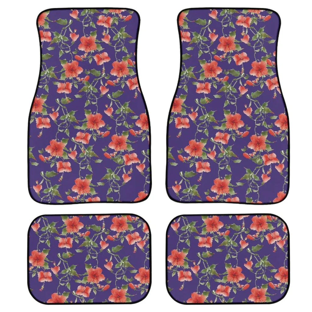 Black printed rubber car floor mat set, four pieces, 20mm thick, on a car interior floor.