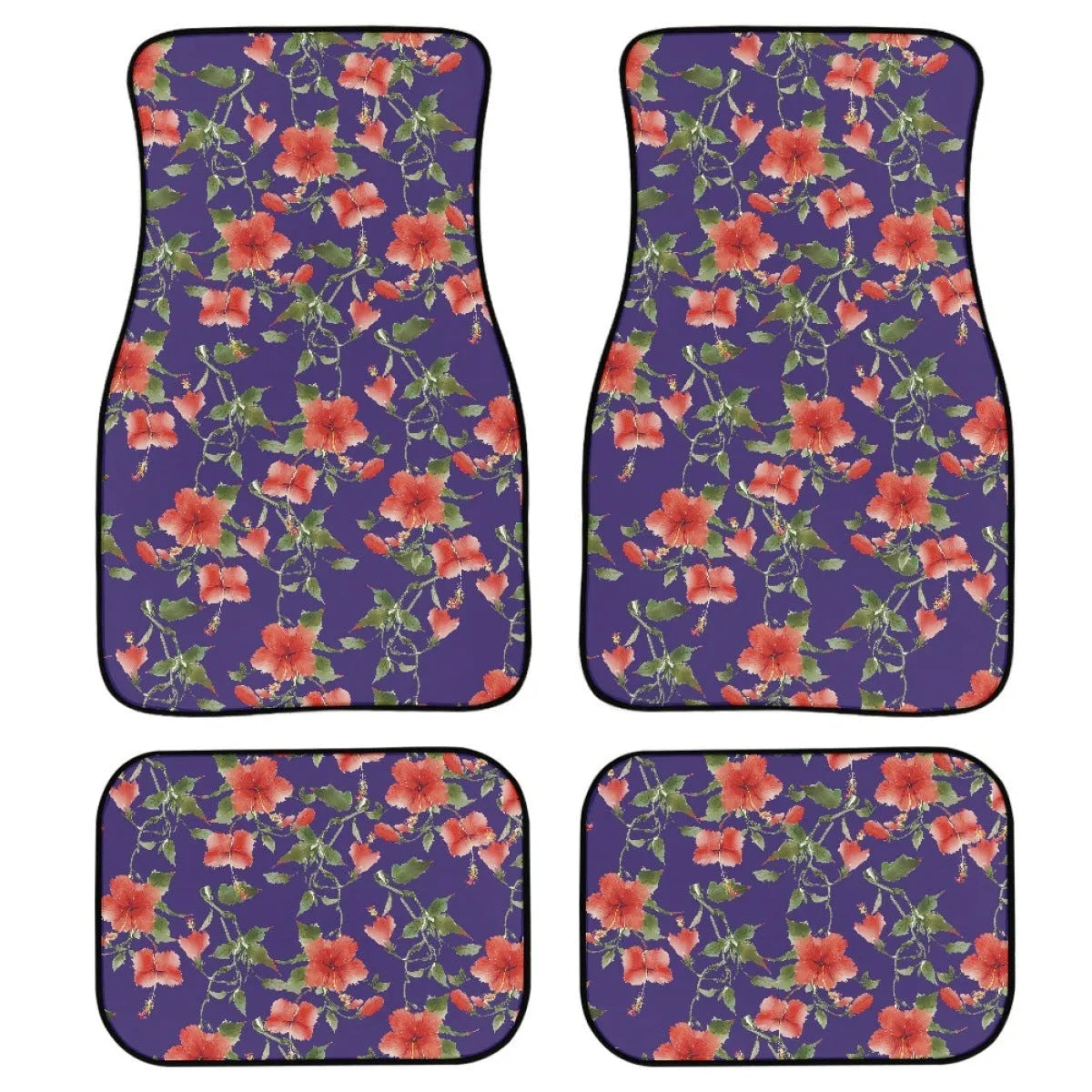 Black printed rubber car floor mat set, four pieces, 20mm thick, on a car interior floor.