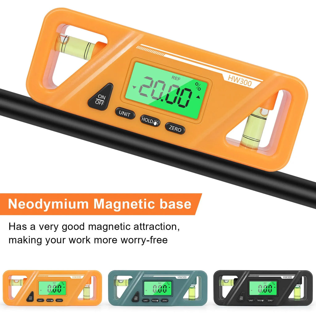 Digital magnetic inclinometer level gauge showing angle readout on display, placed on a metal surface.