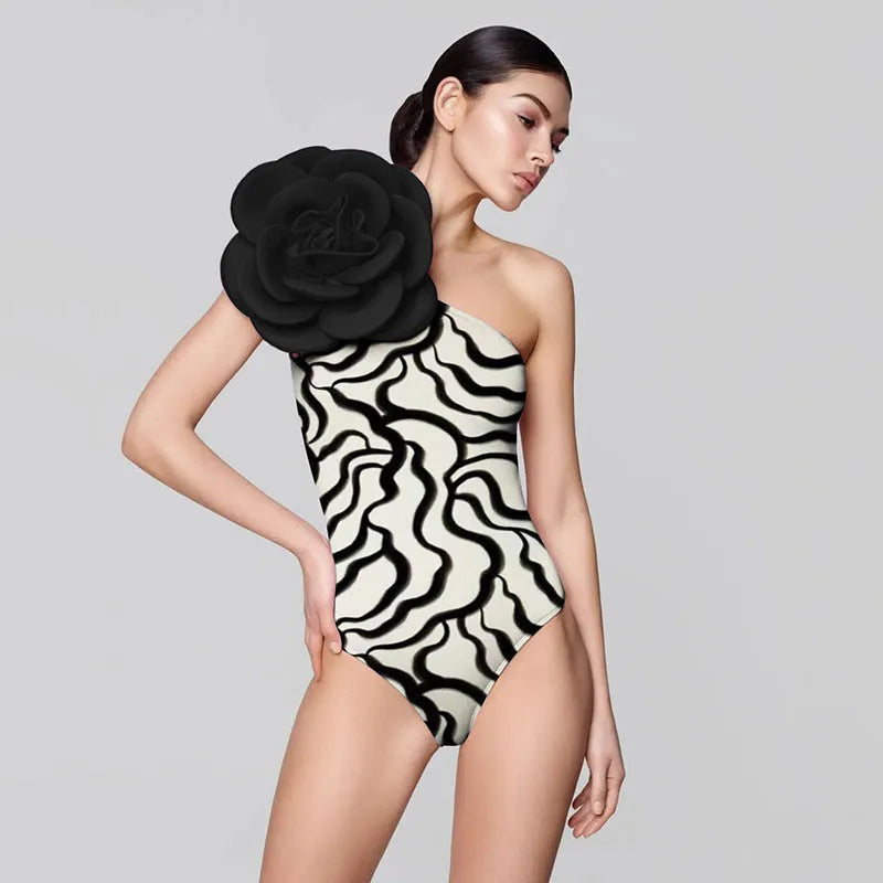 Women's one-piece swimsuit with three-dimensional floral embroidery in polyester fabric